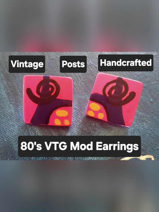 Handmade Jewelry - VTG 80'S Handcrafted NEON Pink Mod Graphics Square 1" Stud Earrings Retro Design